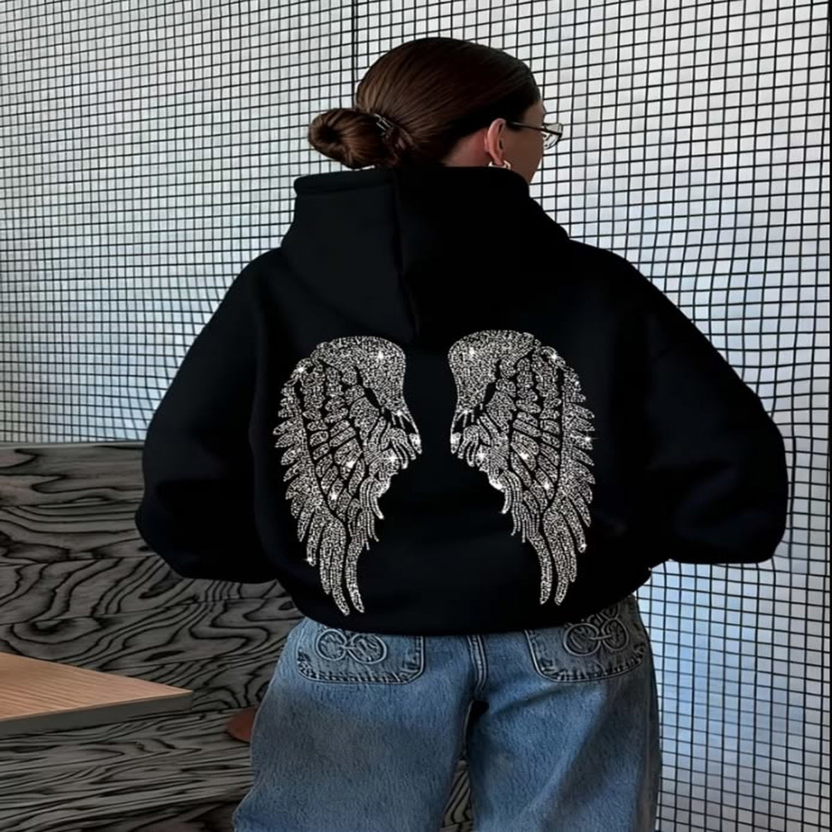 Melek Kanadı Baskılı Taşlı Sweatshirt