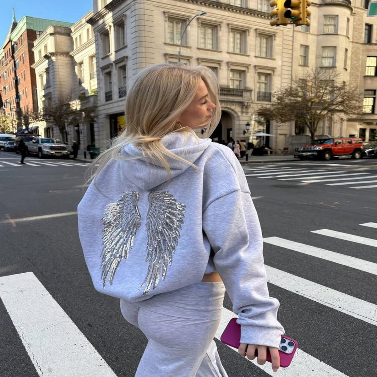 Melek Kanadı Baskılı Taşlı Sweatshirt