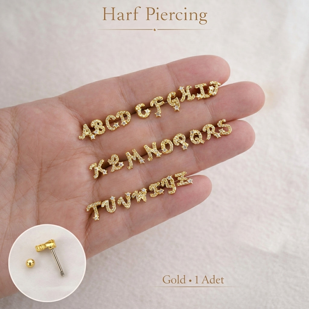 Zirkon Taşlı Harf Piercing – Kişiye Özel Helix Tragus Lob Uyumlu Minimal Harf Küpe (1 Adet)