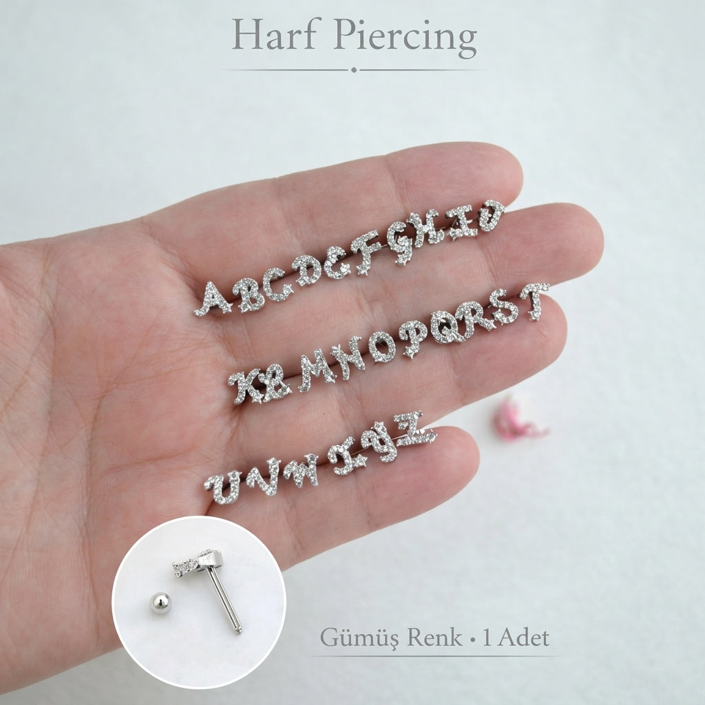 Zirkon Taşlı Harf Piercing – Kişiye Özel Helix Tragus Lob Uyumlu Minimal Harf Küpe (1 Adet)